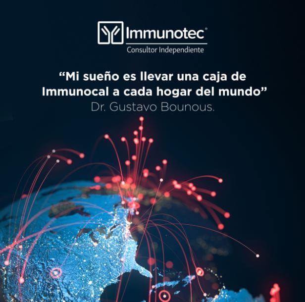 Imagen del planeta Tierra con una cita atribuida al Dr. Gustavo Bounous sobre su visión de llevar Immunocal a los hogares