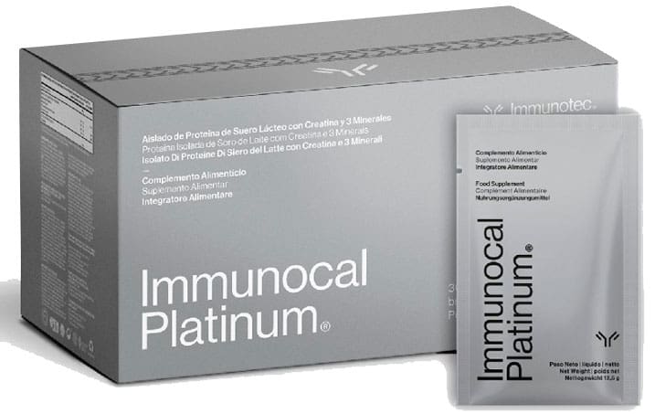 Caja de Immunocal Platinum con cisteina bioactiva, minerales y creatina) que apoyan la producción natural de glutatión y la recuperación muscular