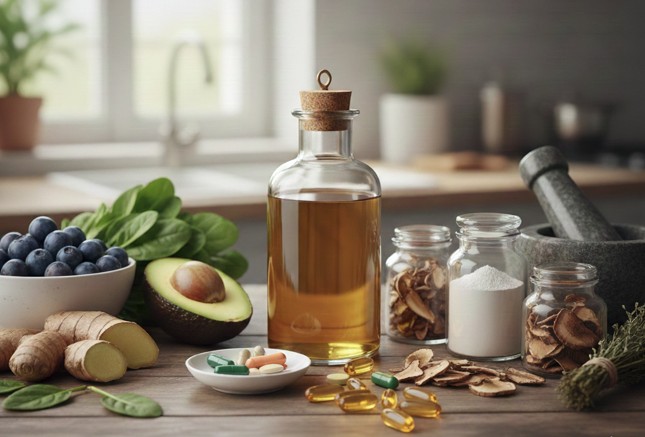 Mesa con aguacate, jengibre, espinacas, cápsulas de omega y polvo de Immunocal junto a un mortero, imagen utilizada como recurso visual educativo sobre nutracéuticos
