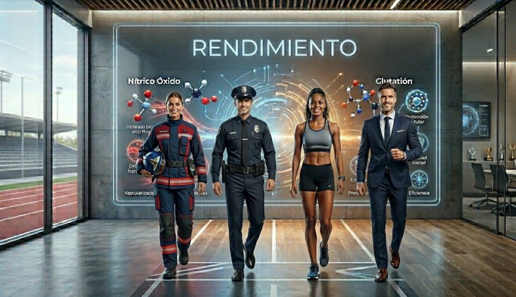 Una bombero, un policía, un atleta y un ejecutivo en posición caminando hacia el frente, en el fondo se ve una pared donde se ve la palabra RENDIMIENTO, GLUTATIÓN Y ÓXIDO NÍTRICO